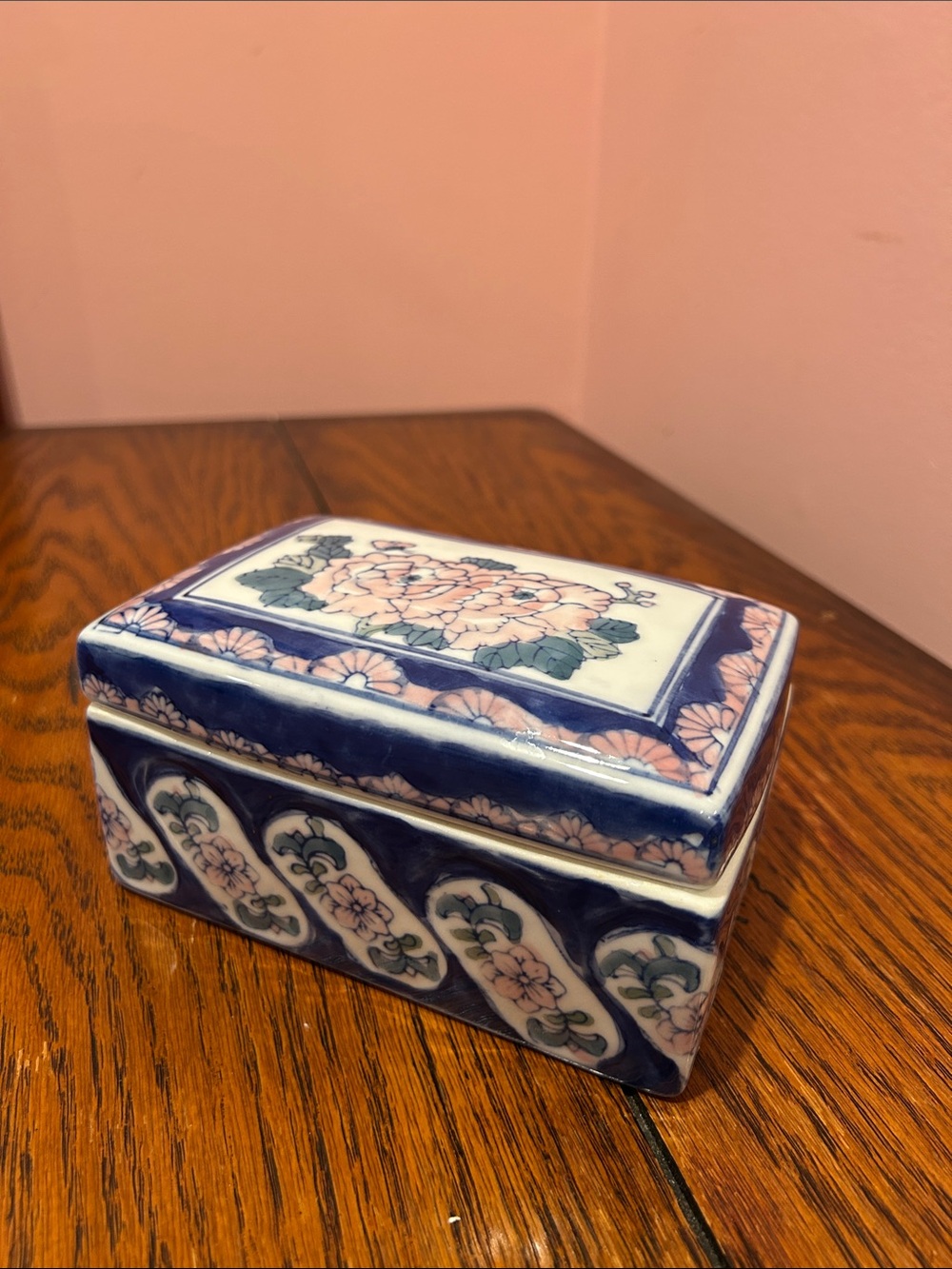 Blue and Pink Floral Ceramic Trinket Box
